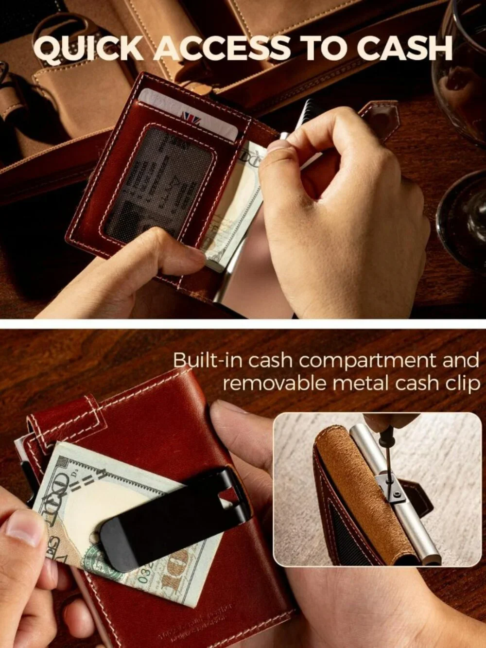 Minimalist RFID Blocking Slim Wallet for Men - Full Grain Leather, Pop Up Card